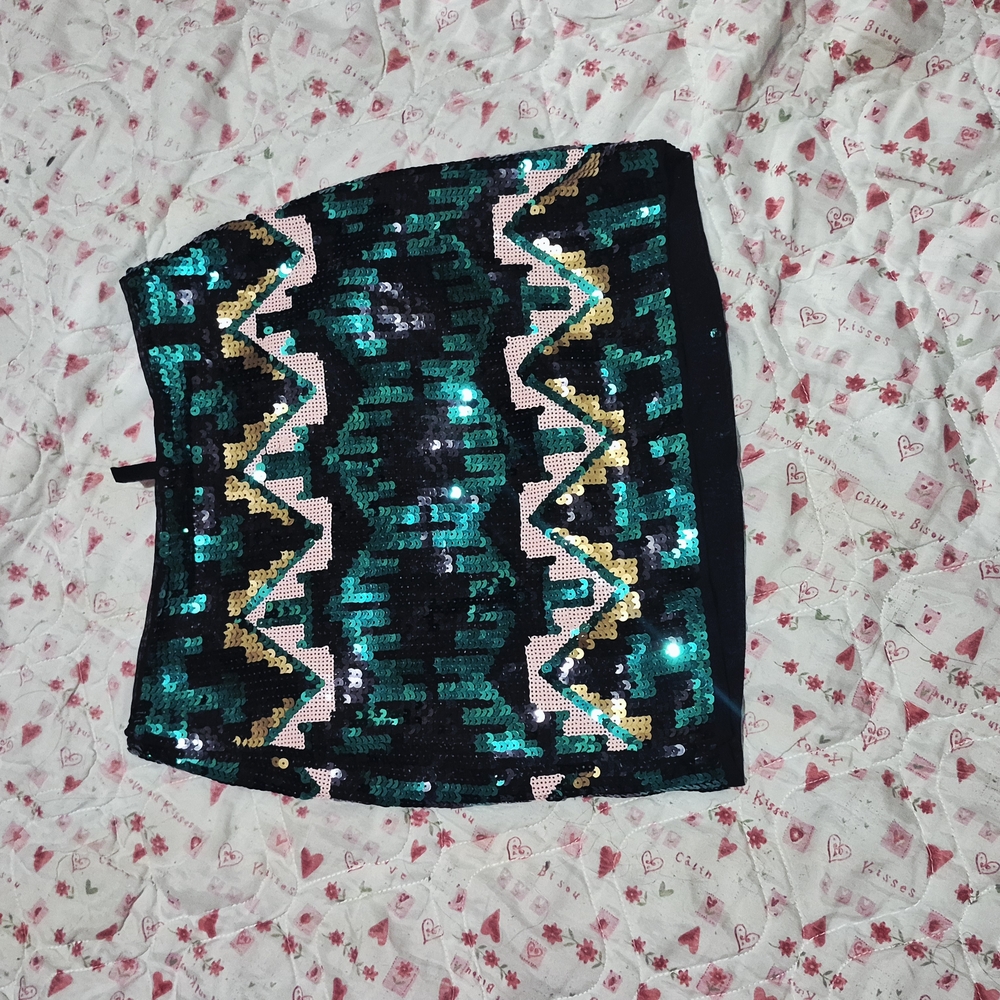 Divided Sequin Mini Skirt - Green, Black, and Pink